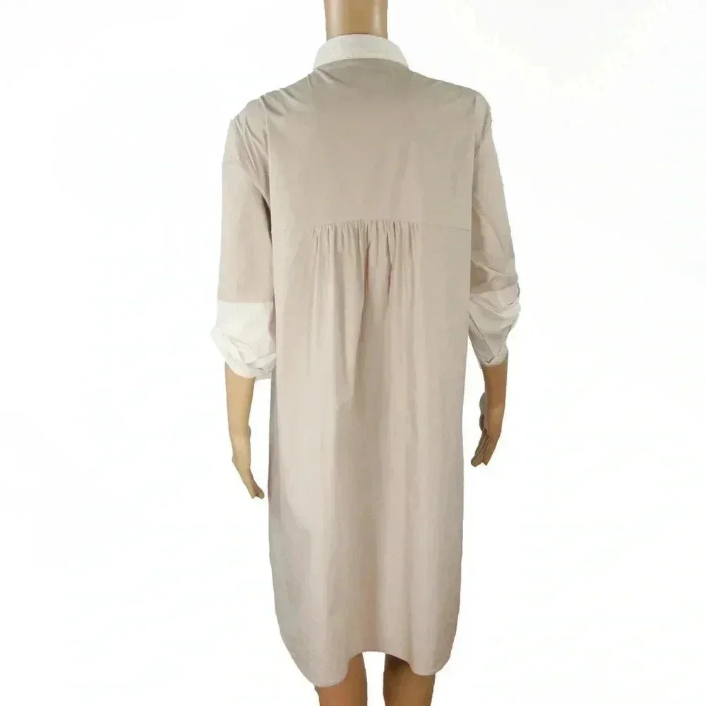 Hubert Gasser Bush Taupe Cream Short Sleeve Shirt Midi Dress - Picture 3 of 5